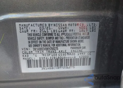 2021 Nissan Sentra Sv Xtronic Cvt z USA, uszkodzony, nr VIN 3N1AB8CV8MY256275